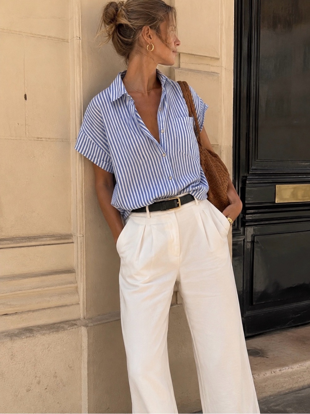 Zara Blue and White Vertical-Stripe Short Sleeve Button Shirt Size Small